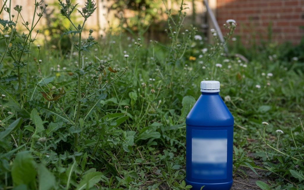 Un jardin avec des mauvaises herbes et un flacon d'AdBlue, illustrant les risques de son utilisation.