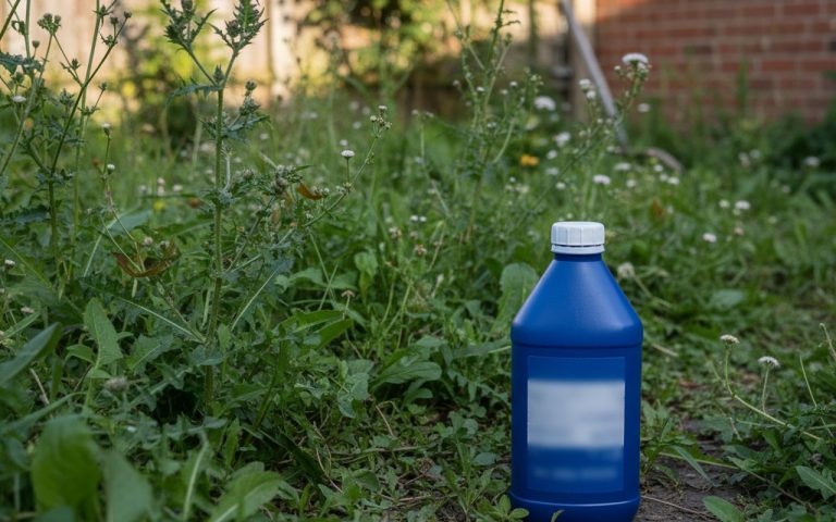 Un jardin avec des mauvaises herbes et un flacon d'AdBlue, illustrant les risques de son utilisation.