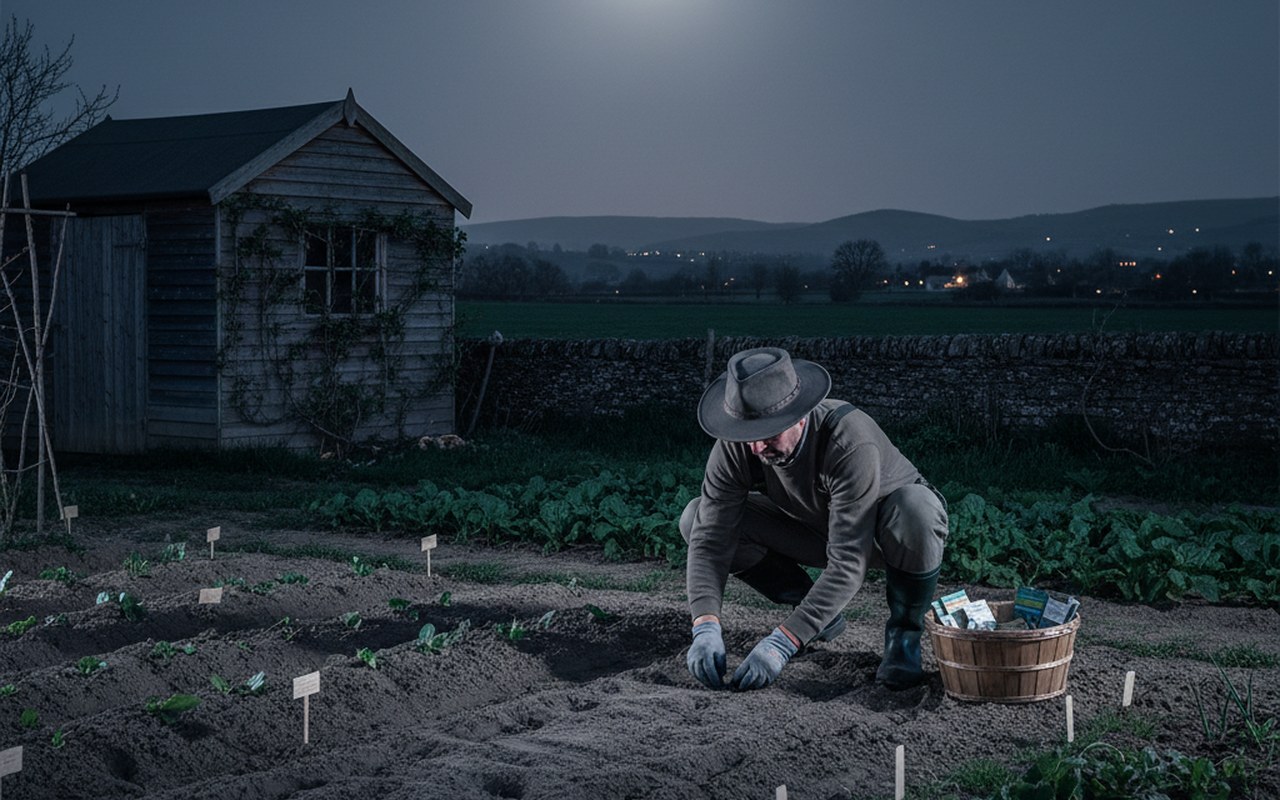 Un jardinier semant des graines sous la lune, illustrant le jardinage selon les cycles lunaires.