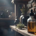 Flacon en verre teinté d'huile CBD dans un environnement de stockage idéal.