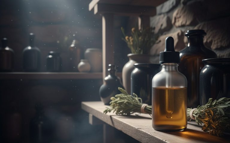 Flacon en verre teinté d'huile CBD dans un environnement de stockage idéal.
