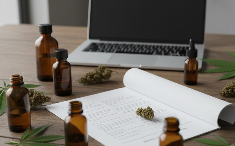 Analyse de laboratoire CBD sur une table avec flacons et feuilles de cannabis.