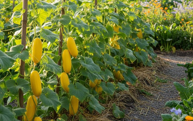 Des concombres jaunes brillants en pleine croissance dans un jardin potager.