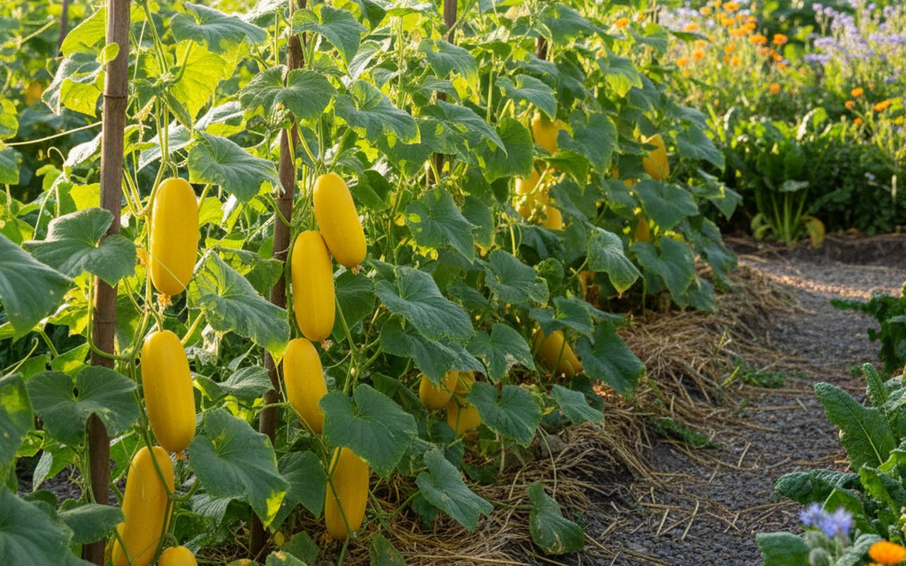 Des concombres jaunes brillants en pleine croissance dans un jardin potager.