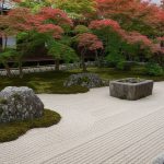Jardin zen japonais avec pierres, sable ratissé et bassin d'eau, entouré de plantes zen.