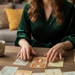 Femme brune bienveillante entourée de cartes de tarot, symbolisant la Dame de Trèfle.