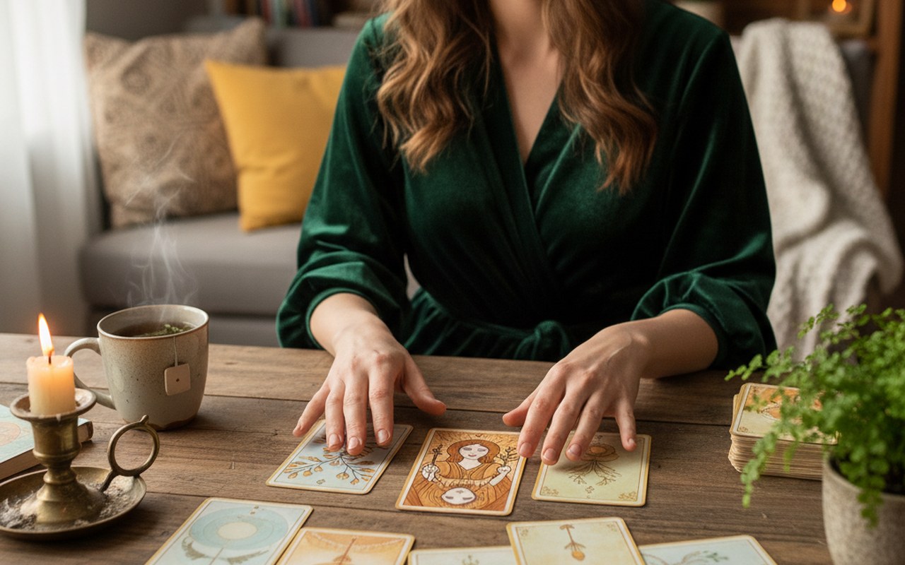 Femme brune bienveillante entourée de cartes de tarot, symbolisant la Dame de Trèfle.