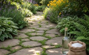 Désherbant naturel avec vinaigre et sel dans un jardin avec mauvaises herbes entre les dalles.