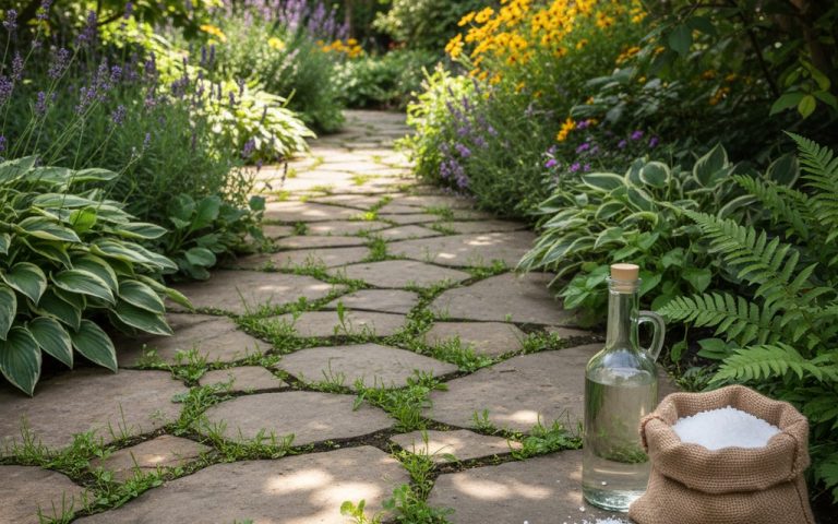 Désherbant naturel avec vinaigre et sel dans un jardin avec mauvaises herbes entre les dalles.