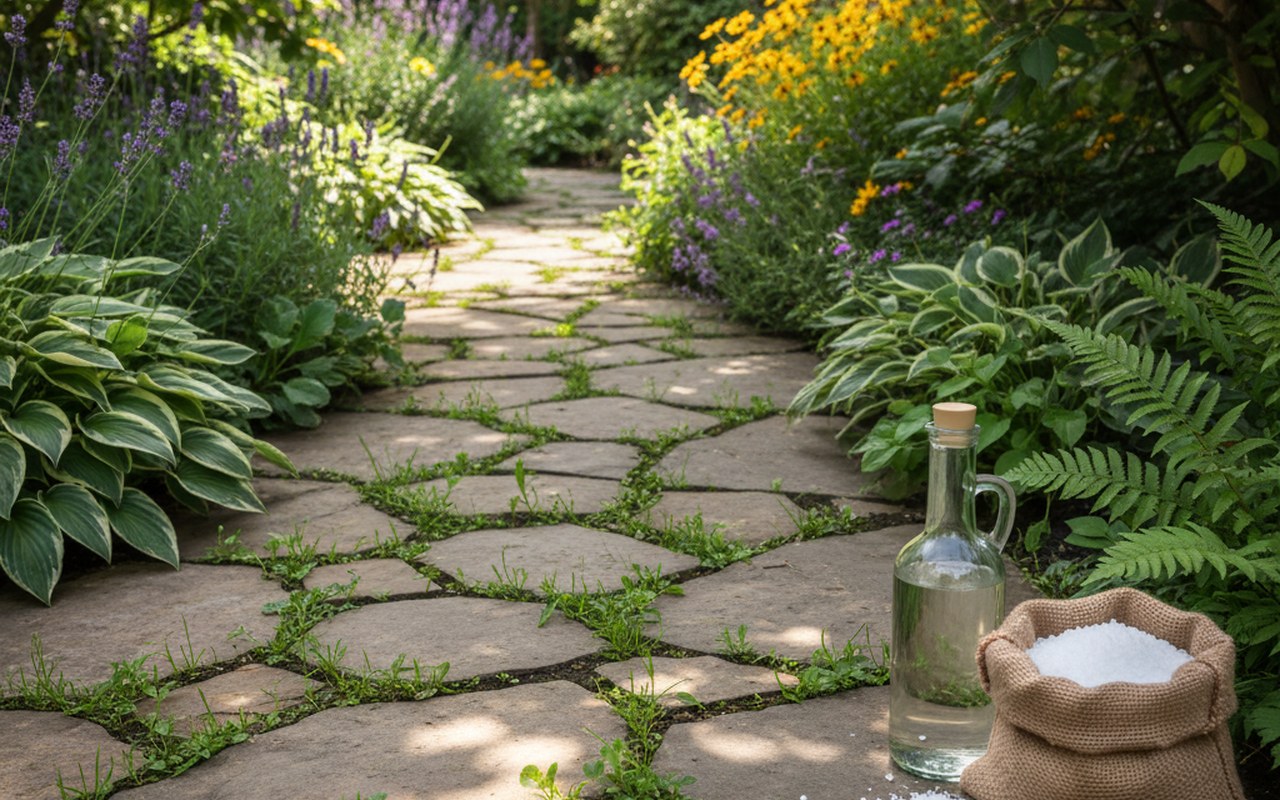 Désherbant naturel avec vinaigre et sel dans un jardin avec mauvaises herbes entre les dalles.