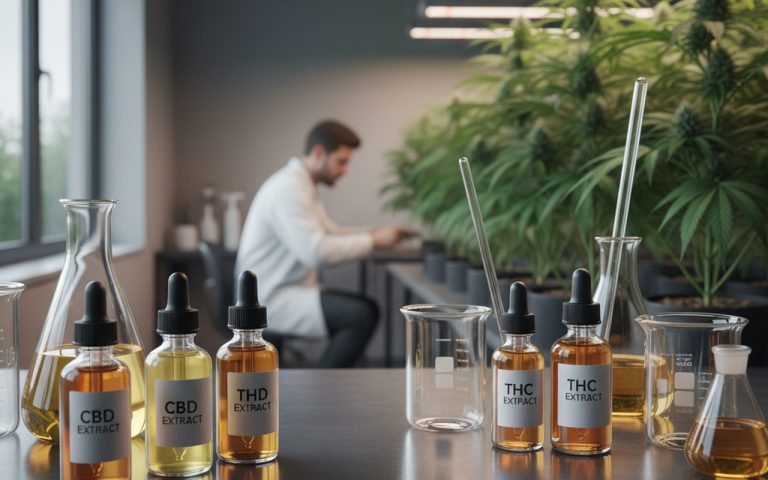 Flacons d'extraits de CBD et THC dans un laboratoire avec des plantes de cannabis.