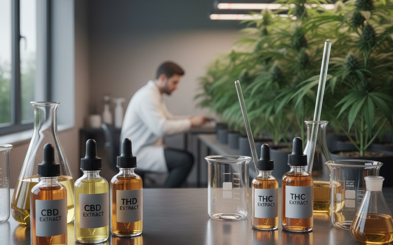Flacons d'extraits de CBD et THC dans un laboratoire avec des plantes de cannabis.