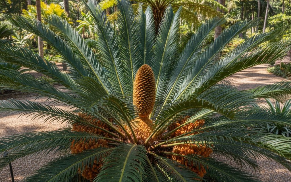 Cycas mature avec cônes mâles et femelles en floraison dans un jardin ensoleillé.