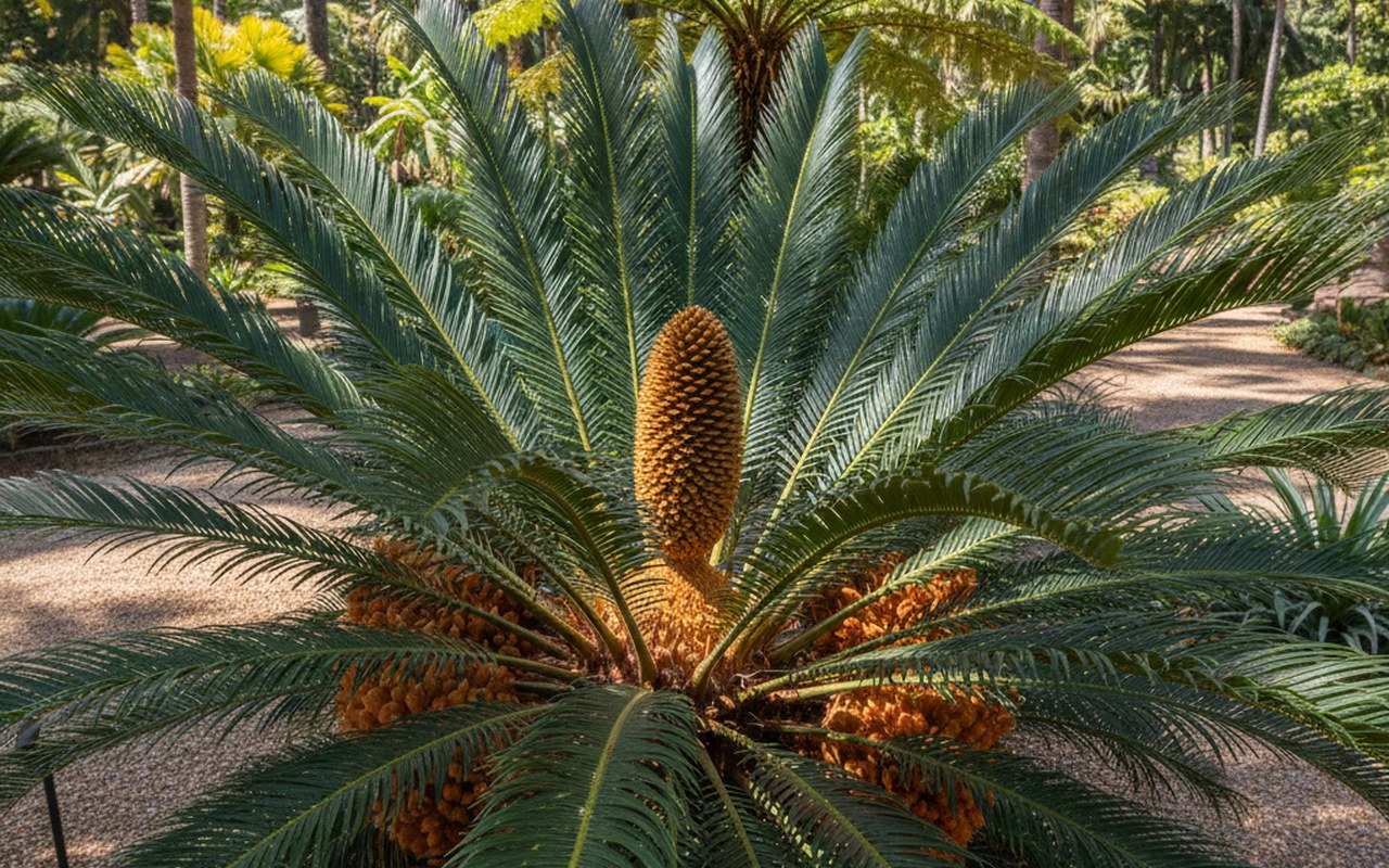 Cycas mature avec cônes mâles et femelles en floraison dans un jardin ensoleillé.