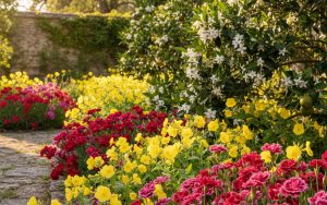 Jardin d'été avec œillets colorés, oenothères jaunes et fleurs d'oranger blanches.