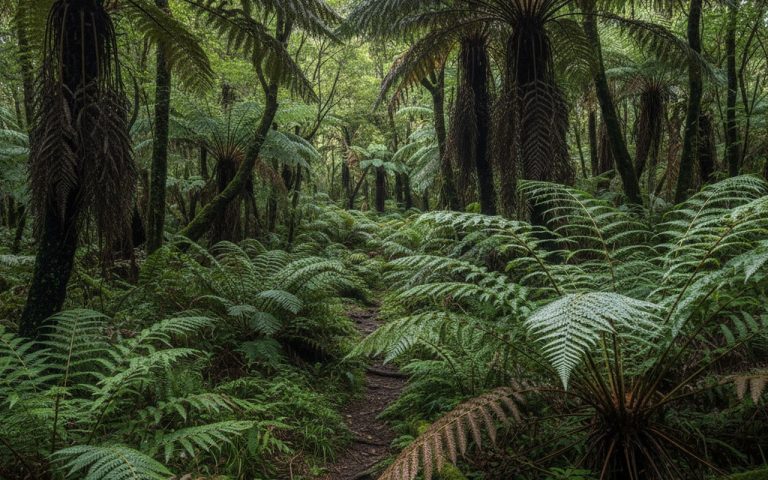 Fougères arborescentes de Nouvelle-Zélande dans une forêt luxuriante.