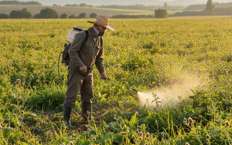 Agriculteur appliquant du glyphosate sur des mauvaises herbes dans un champ.