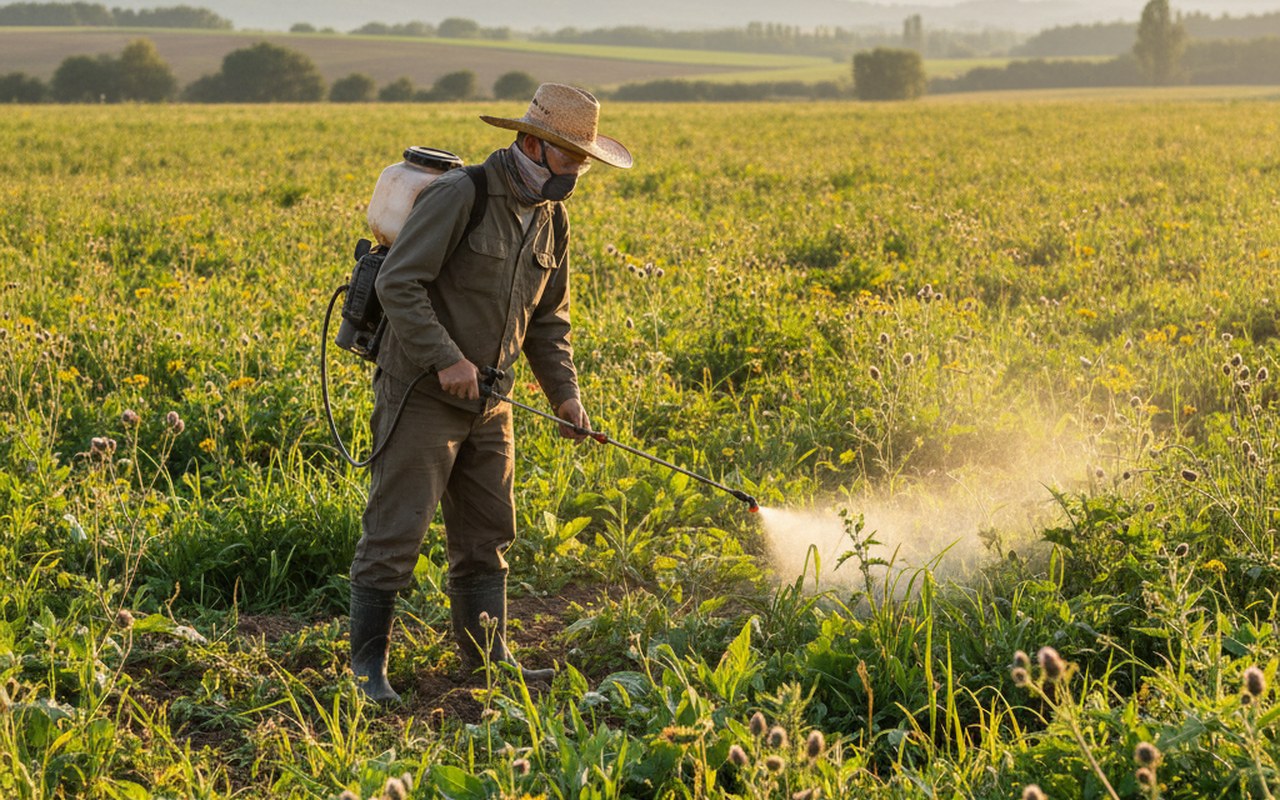 Agriculteur appliquant du glyphosate sur des mauvaises herbes dans un champ.