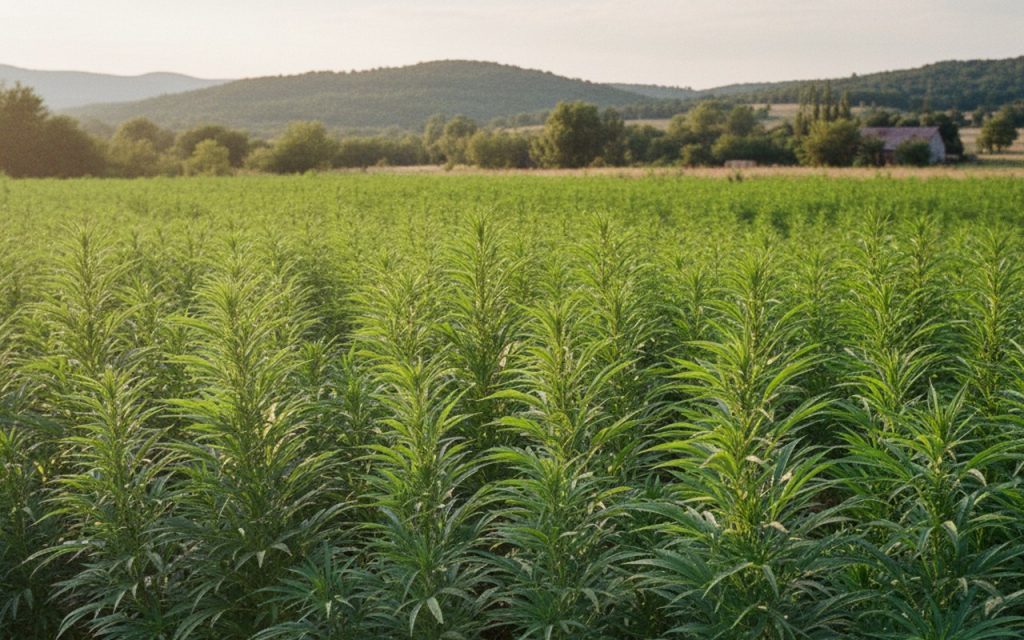 Champ de chanvre avec des plants de cannabis, illustrant l'origine du CBD.