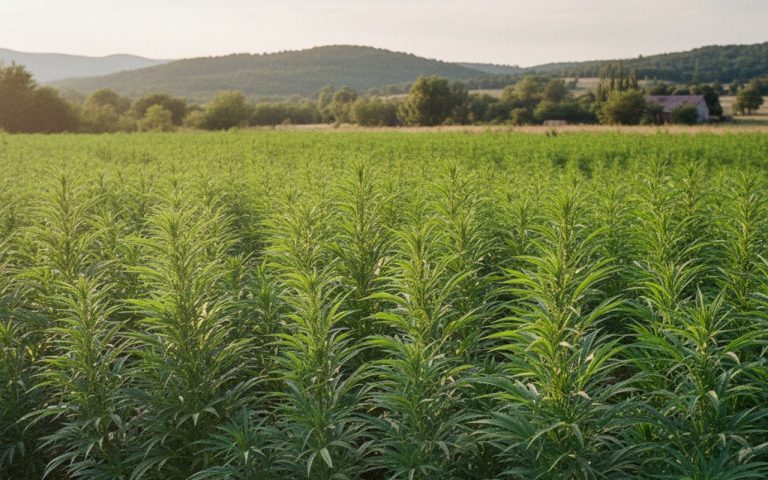 Champ de chanvre avec des plants de cannabis, illustrant l'origine du CBD.