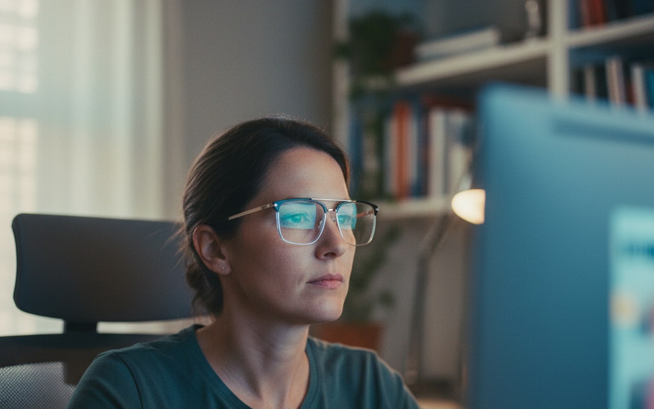 Personne concentrée sur un écran d'ordinateur avec des lentilles progressives.