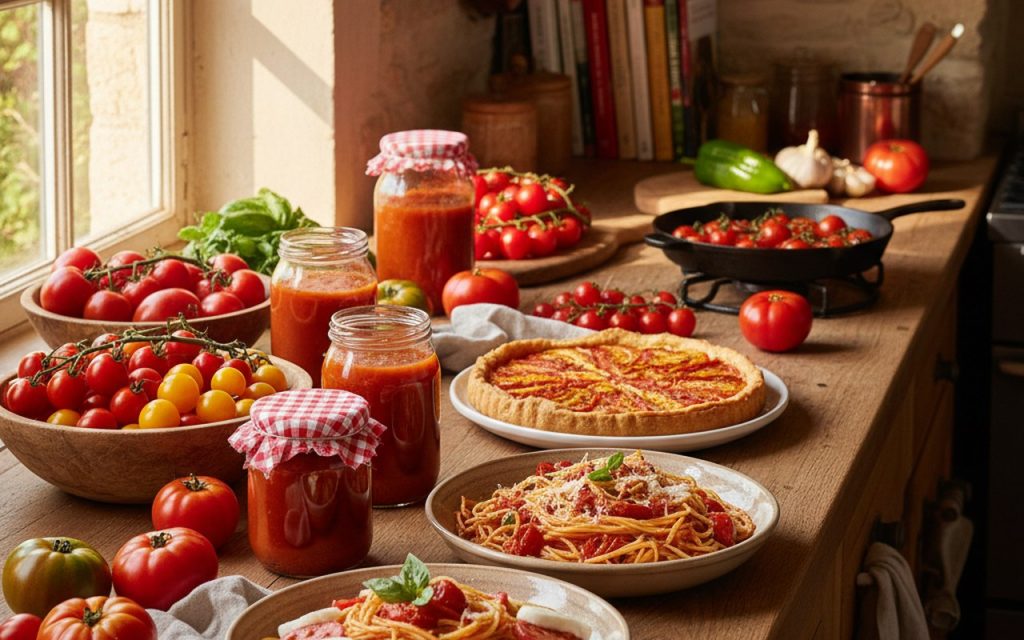 Cuisine ensoleillée avec des tomates fraîches et des plats préparés à base de tomates.