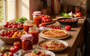 Cuisine ensoleillée avec des tomates fraîches et des plats préparés à base de tomates.