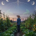 Un jardinier dans un potager observant la lune pour jardiner selon les phases lunaires.