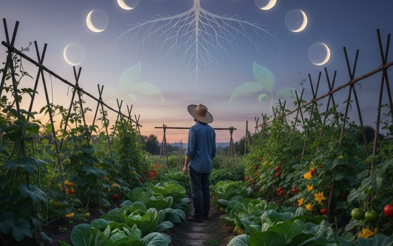 Un jardinier dans un potager observant la lune pour jardiner selon les phases lunaires.