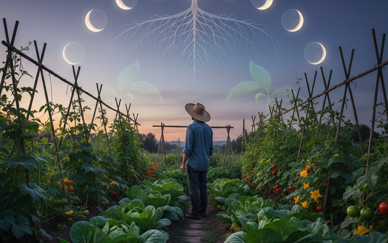 Un jardinier dans un potager observant la lune pour jardiner selon les phases lunaires.
