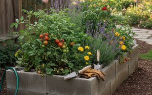 Jardinière en parpaing remplie de plantes dans un jardin.