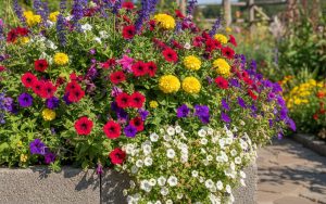 Jardinière en parpaing remplie de fleurs dans un jardin ensoleillé.
