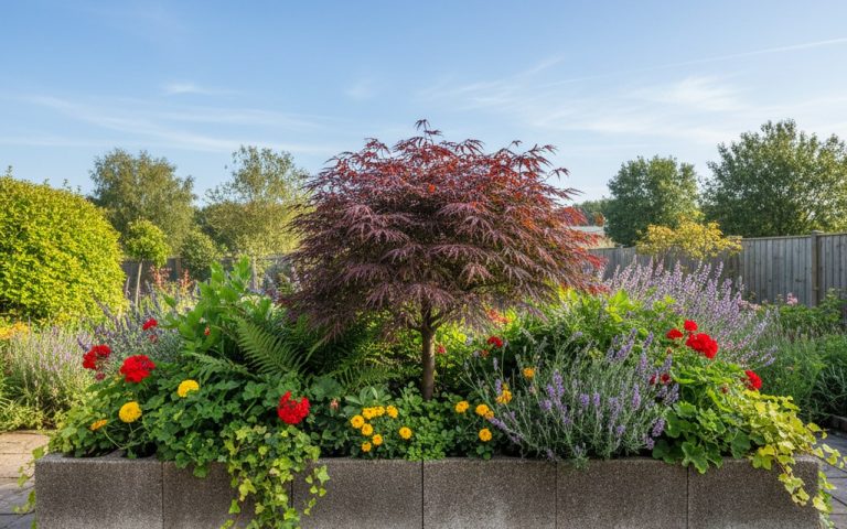 Jardinière en parpaing remplie de plantes dans un jardin ensoleillé.