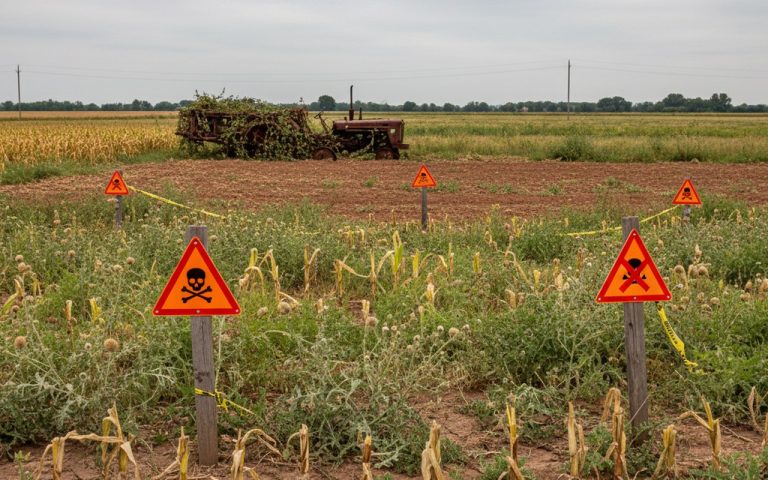 Champ agricole montrant des signes de contamination par le glyphosate.