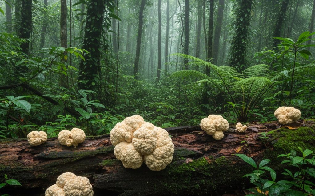Champignon Lignosus rhinocerotis dans son habitat tropical, symbole de médecine traditionnelle.