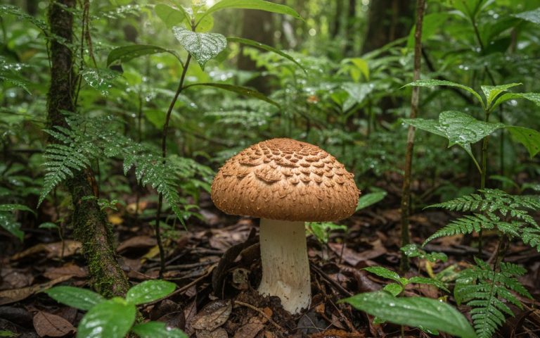 Champignon Lignosus rhinocerotis dans son habitat tropical, illustrant ses origines naturelles.