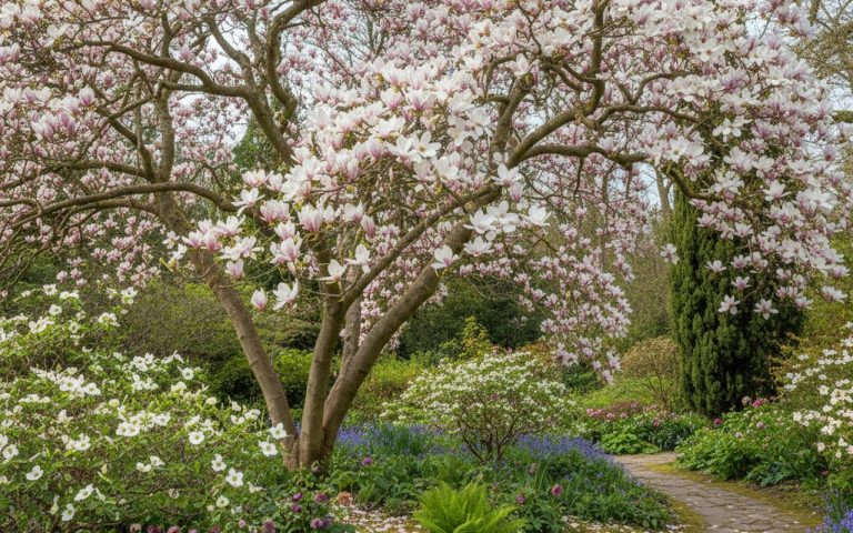Un magnolia en fleurs dans un jardin printanier, illustrant sa beauté et sa diversité.