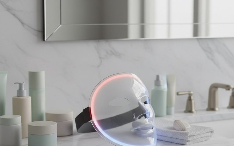 Masque LED sur une table de salle de bain avec des produits de soin de la peau.