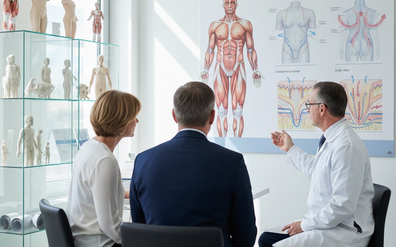 Consultation sur la liposuccion entre un chirurgien et des patients d'âge moyen.