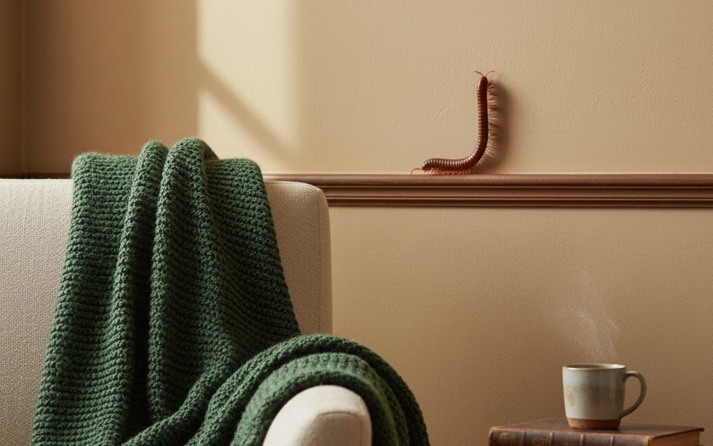 Un mille-pattes sur un mur intérieur d'une maison, symbole de résilience et d'équilibre.