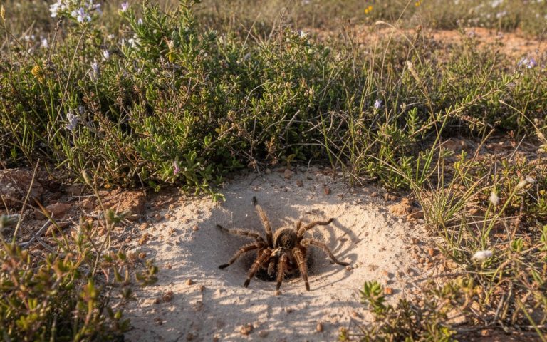 Mygale de Provence dans son habitat naturel avec terriers en garrigue méditerranéenne.