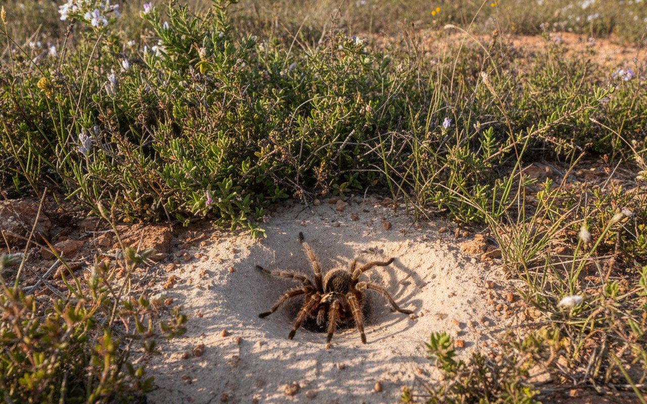Mygale de Provence dans son habitat naturel avec terriers en garrigue méditerranéenne.