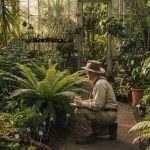 Un botaniste classifiant des plantes avec des étiquettes scientifiques dans un jardin botanique.