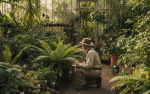 Un botaniste classifiant des plantes avec des étiquettes scientifiques dans un jardin botanique.