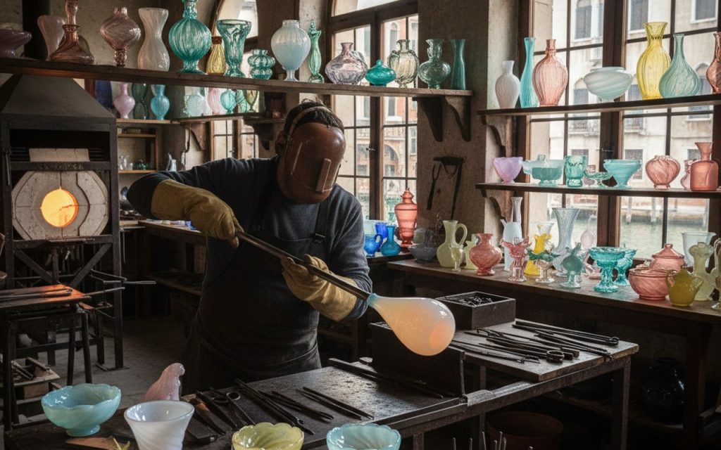 Artisan verrier créant de l'opaline à Venise, mettant en valeur l'artisanat et l'esthétique du verre.