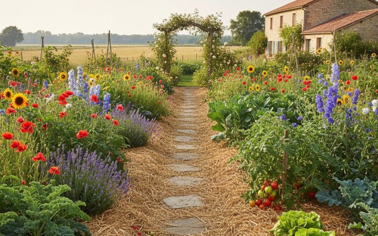 Jardin écologique avec paillage en miscanthus, mettant en valeur des plantes florales et potagères.