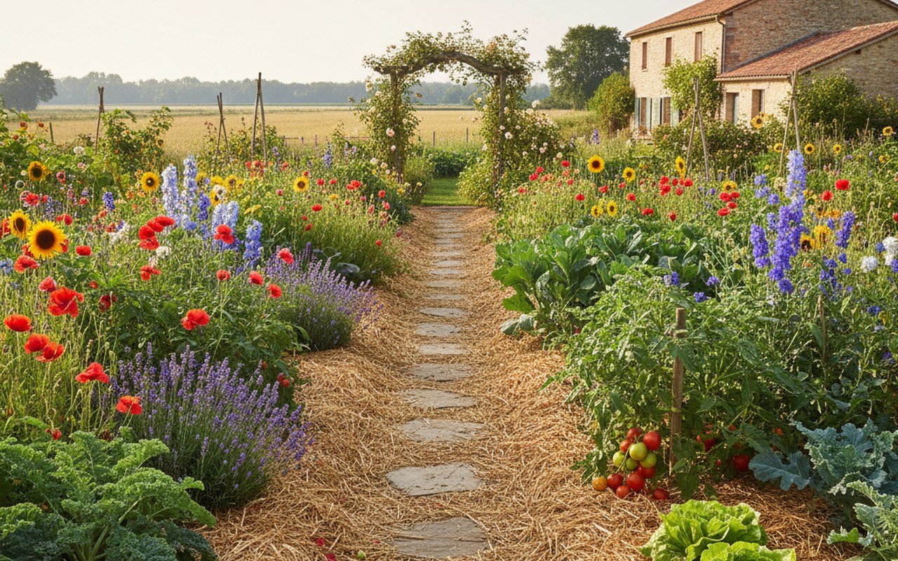 Jardin écologique avec paillage en miscanthus, mettant en valeur des plantes florales et potagères.