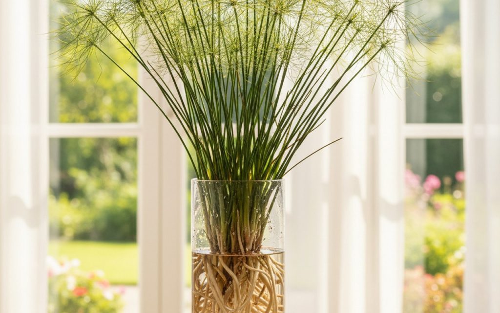 Papyrus dans un vase en verre transparent près d'une fenêtre lumineuse