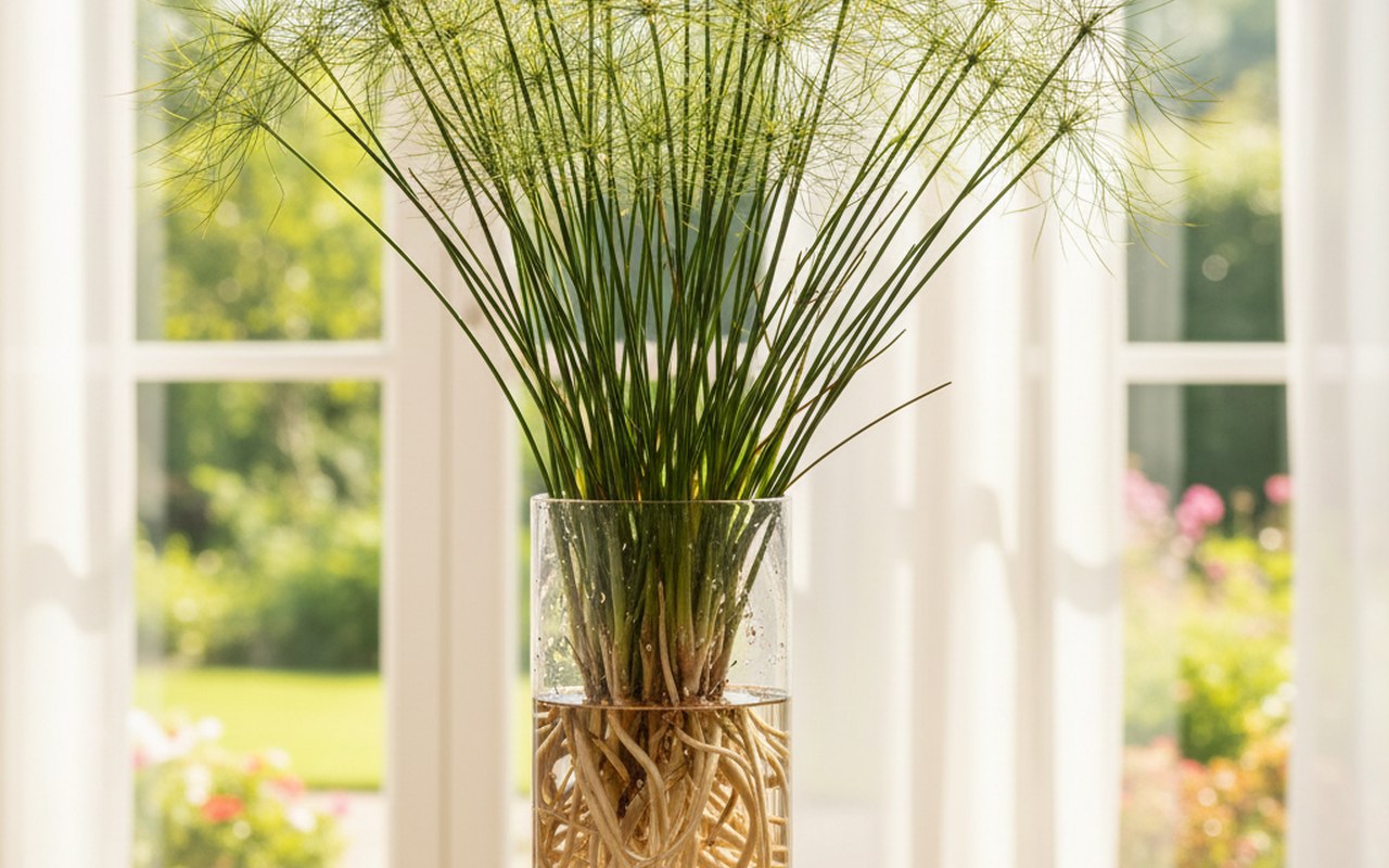Papyrus dans un vase en verre transparent près d'une fenêtre lumineuse
