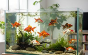 Aquarium avec différentes variétés de poissons rouges japonais, montrant leur beauté et leurs caractéristiques uniques.